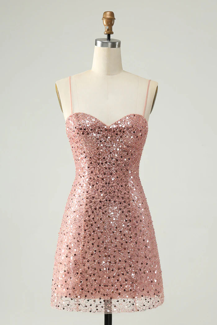 Weitese Dress Sparkly Blush Spaghetti Straps A Line Short Homecoming Dress Sleeveless Sequins Party Dress